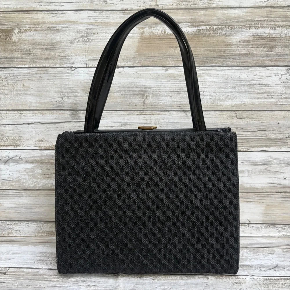 VTG Woven Fabric Framed Box Purse Handbag Small Black Gold Clasp 50s 60s Retro